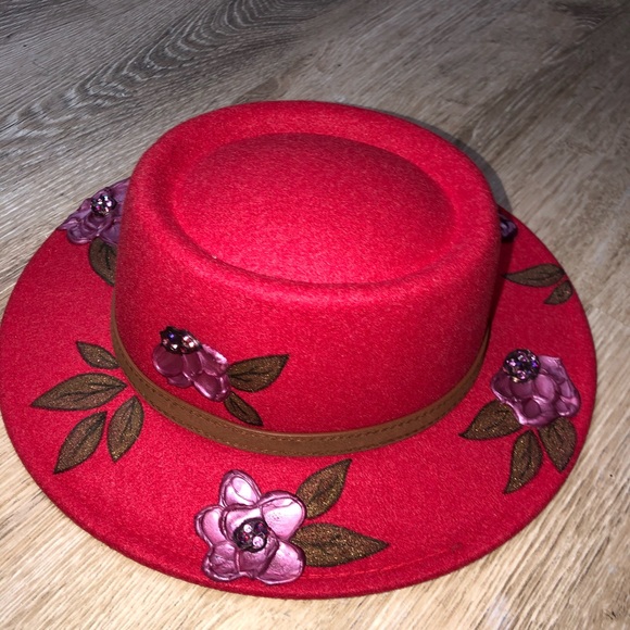 Custom painted floral designed red boater hat - Picture 3 of 3